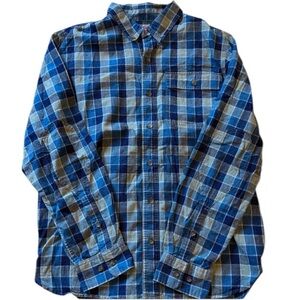 Best Made Co Blue Tan Plaid Linen Cotton Button Down Shirt Large Coastal Casual